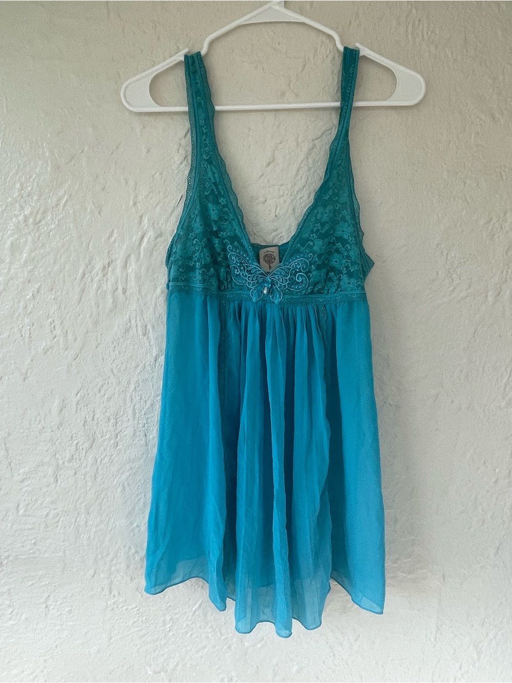 In Bloom blue lace babydoll mini lingerie dress, tie back, deep plunge neck; M
